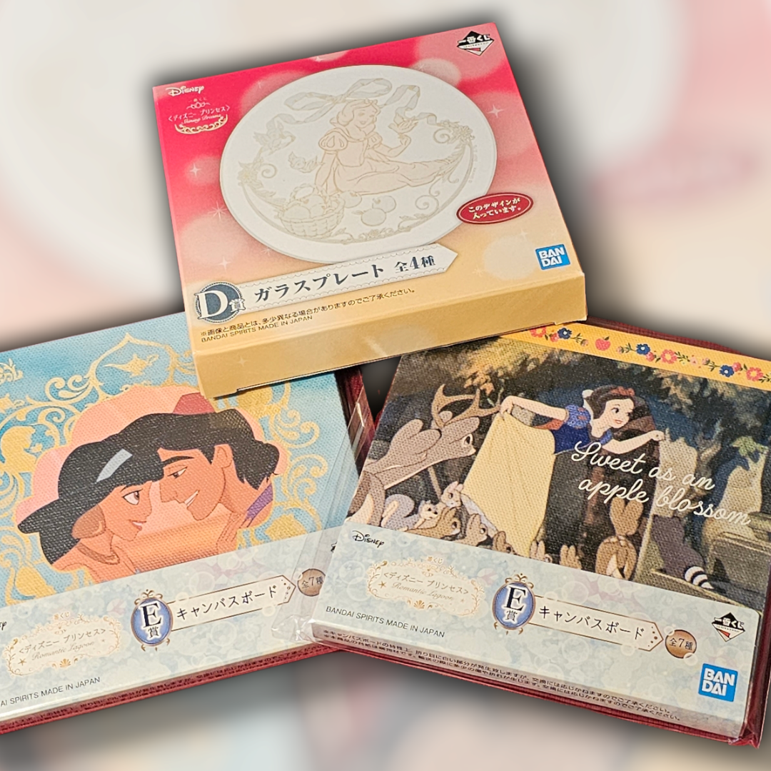 Disney kuji Prize: Snow white plate prize D, Snow white mini canvas prize F, Aladdin mini canvas prize F